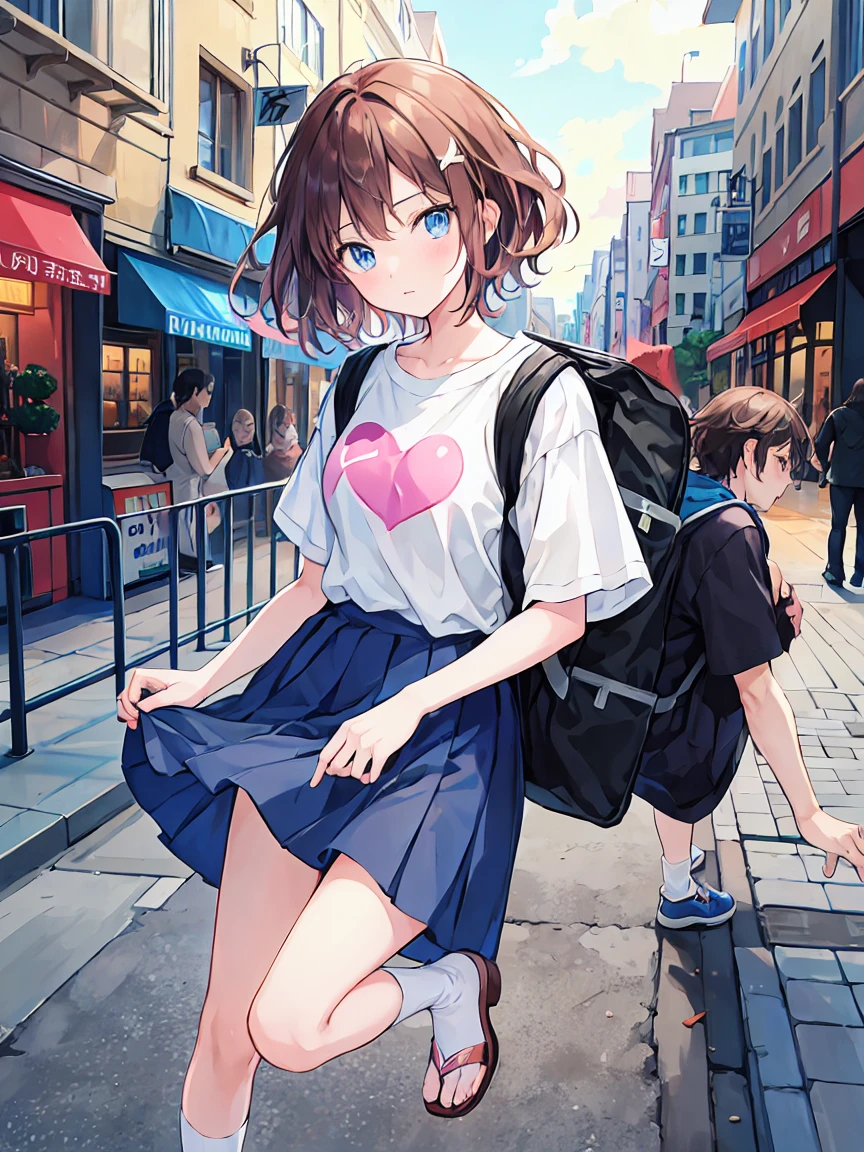 beautiful girl２people，An anime character is carrying a backpack on a crowded street，Brown Hair，Shortcuts，Messy Hair，スレンダー美people，A dignified posture，Small chest，Beautiful feet，Her captivating grey-blue eyes shine like stars，恋する複数のpeople々、Couple、men and women