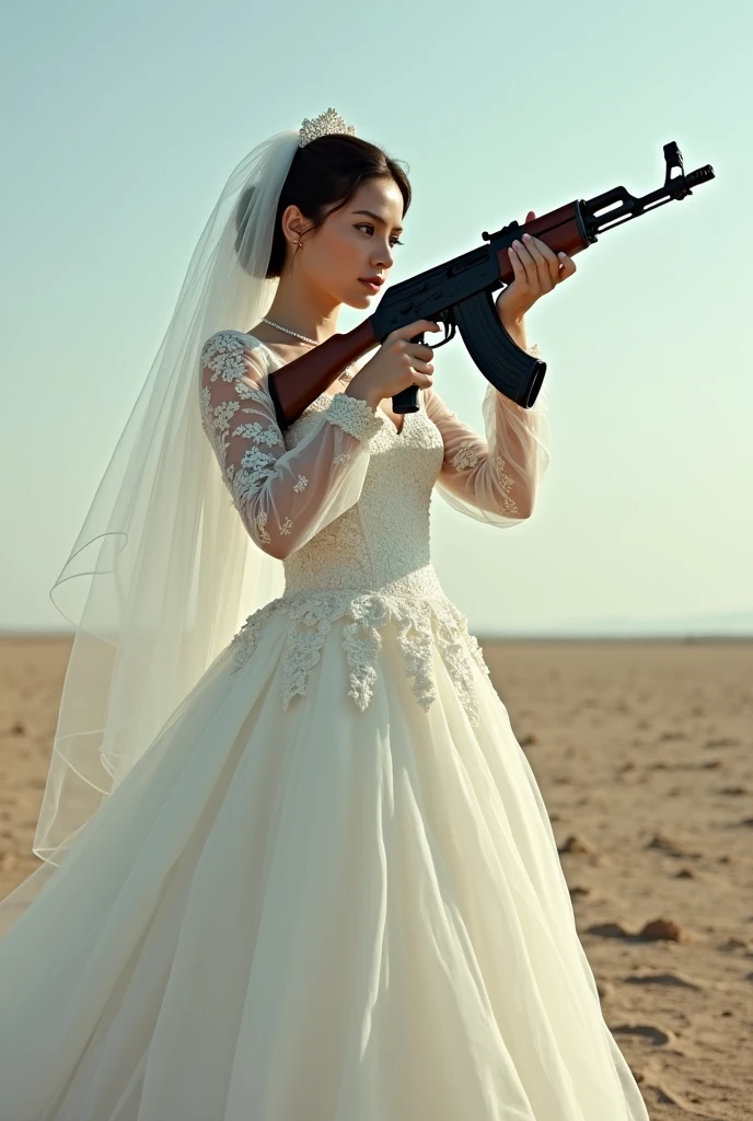 The lady wearing the marriage dress with the AK-47 gun and aim Infront of her