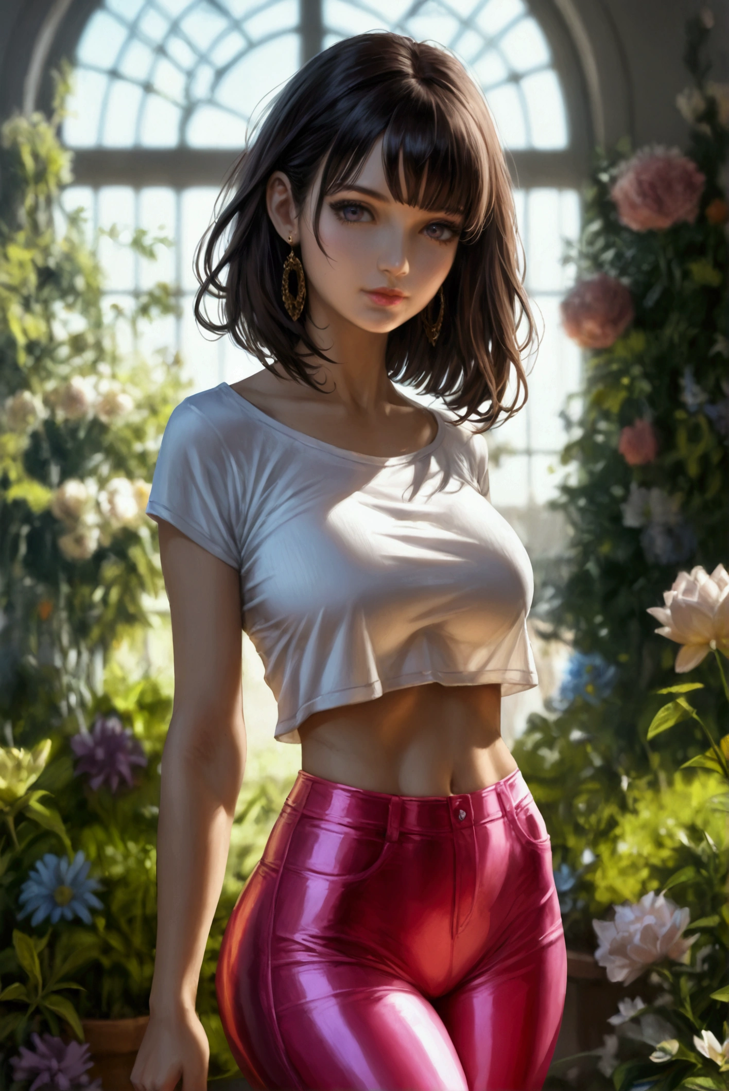(best quality), (masterpiece), (realistic), (detailed face), (highres, best quality), 1girl, curvy skinny body, tight croptop t-shirt, tight High-Waisted Palazzo Pants, (((very huge breasts))), (very huge hips), (wide hips)