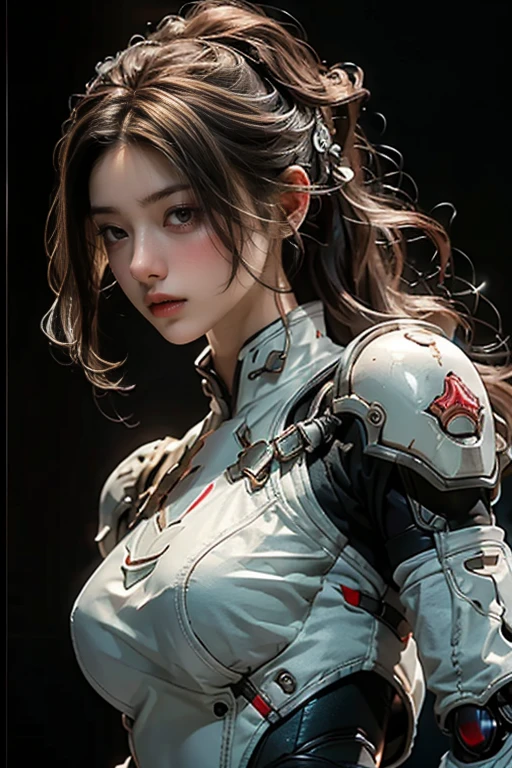 Front_view, masterpiece, best quality, lifelike, raw photo, (1 girl, looking at view), long hair, mechanical white armor, complex armor, delicate blue lined patterns, patterns that Intricate, red metal parts, detailed parts, dynamic gestures, detailed backgrounds, dynamic lighting,