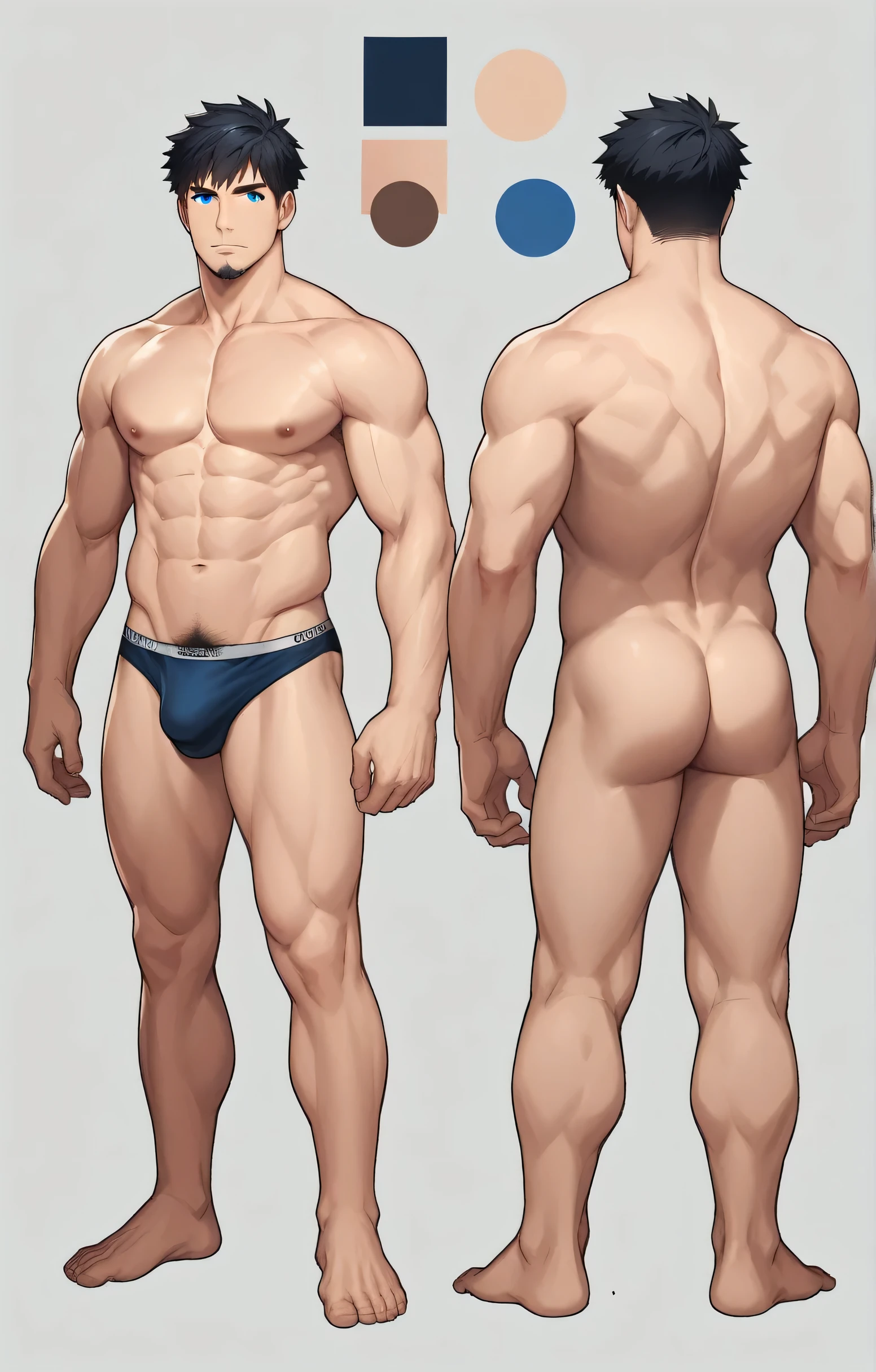 1boy, single, reference sheet, character design, front angle, side angle, left side angle, right side angle, dynamic poses, (masterpiece:1.2), (best quality:1.3), (reference sheet:1.5), adult anime male, huge man, very tall man, masculine body, muscle body, muscle tall male, athletic body, muscle builder, muscle, bulky body, giant, Bara, 6ft. male, (Blue eyes), (short hair), (short bangs), (black hair), (pale skin), (pale skin color), beard, naked, naked men, nude, nsfw, handsome, wide chest, string underwear, speedo, huge hips, wide hips, daddy, barefoot, not wearing pants, rugged, 40 years old, pubic hair, big bulge 