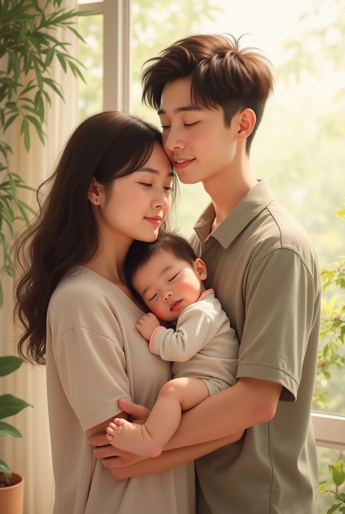 Family of four. SIX months old baby girl. FOUR years old baby boy. Husband and wife. Realistic. Light. Asian. Family pic. Young couple. 26 & 26