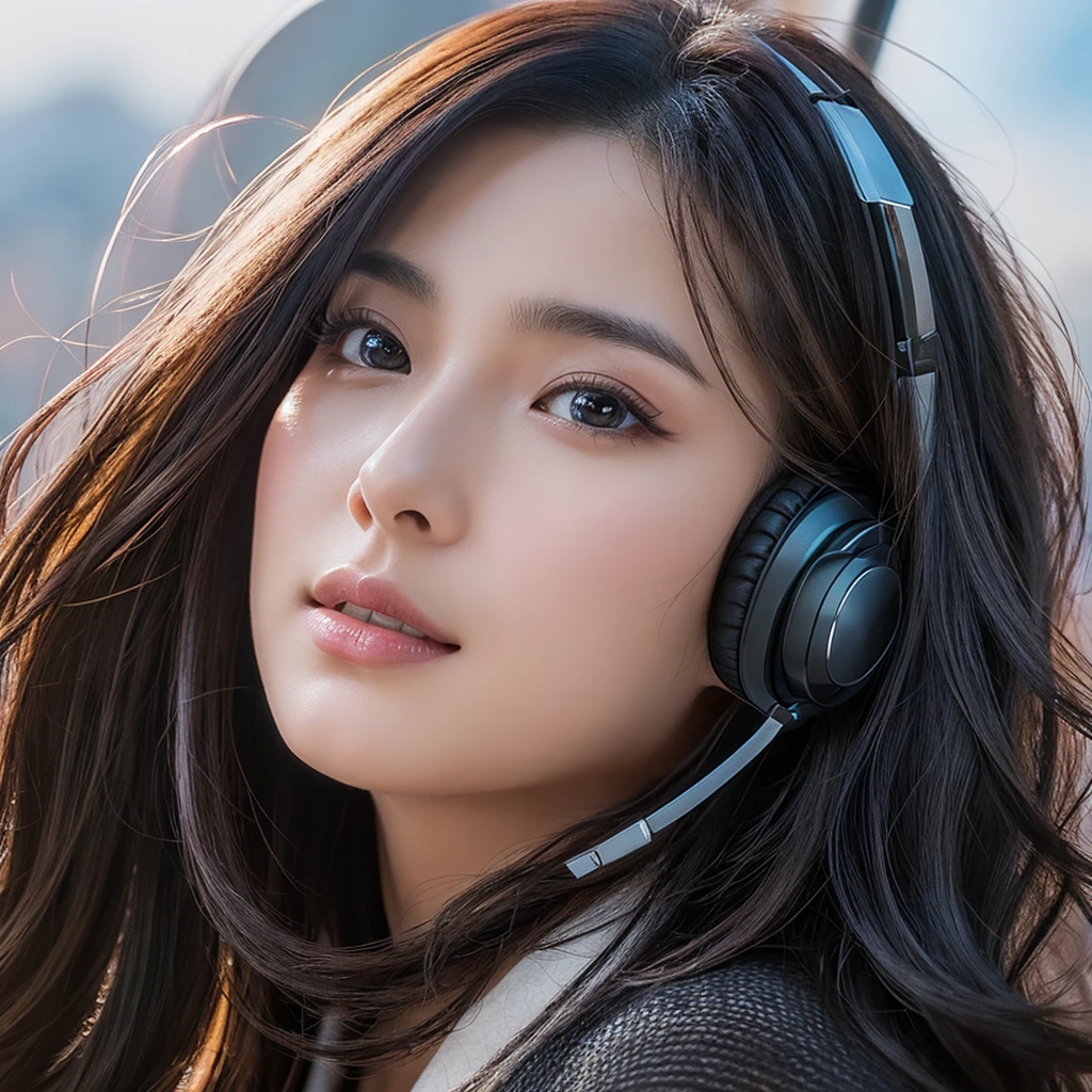 (head phone)、Listening to music、(A hyper-realistic)、(illustratio)、(hight resolution)、(8K)、(ighly detailed)、(Best Illustration)、(beautifully detailed eyes)、(top-quality)、(ultra-detailliert)、(​masterpiece)、(wall-paper）、（A detailed face）、fine detailed、pureerosfaceace_v1、Long、Black shawl straight hair、