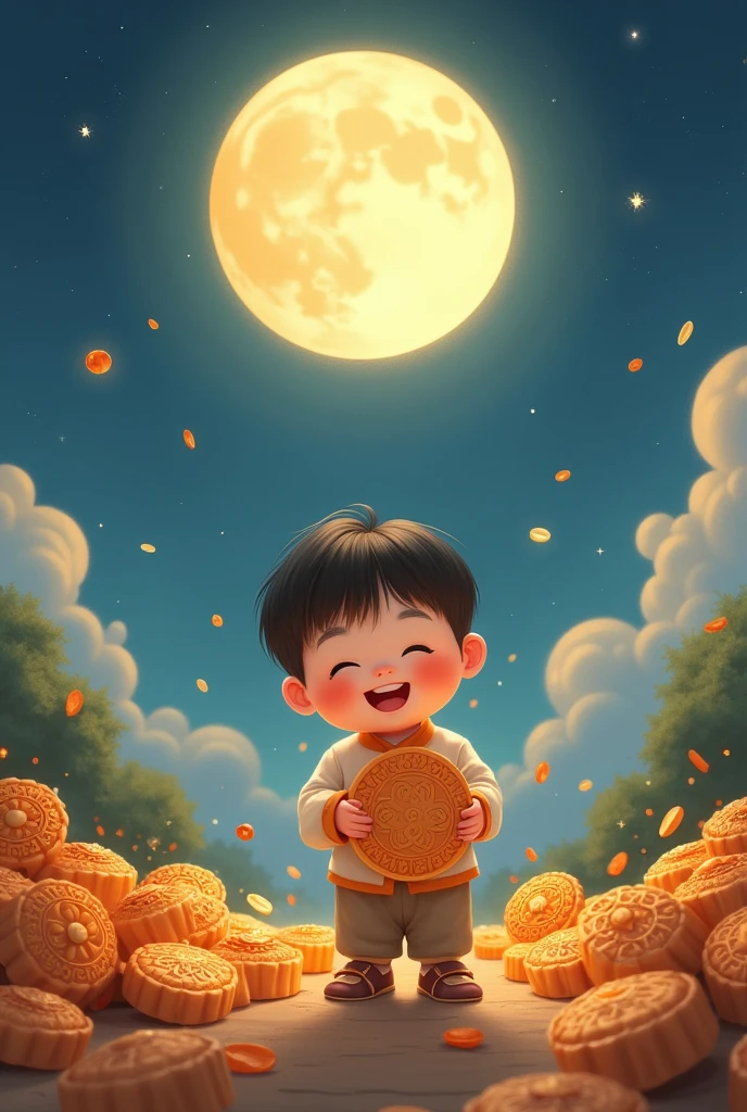 Draw me a picture , The chubby boy picked up a lot of moon cakes that fell from the sky.