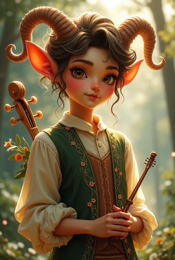 A beautiful faun with delicate, small horns curving gracefully from his forehead. His features are soft and enchanting, with smooth, warm-toned skin and expressive, almond-shaped eyes that shimmer with creativity. His hair is a cascade of tousled curls, adorned with tiny wildflowers and leaves. He wears an intricately embroidered vest over a loose, flowing shirt, with patterns of vines and musical notes woven in gold thread. A finely crafted lute rests gently against his back, while his fingers lightly hold a wooden flute, polished and well-worn from use. Around him, the air seems to hum with a soft melody, as if his presence alone inspires music and joy. His posture is relaxed, yet poised, exuding both elegance and the free-spirited nature of a true bard.