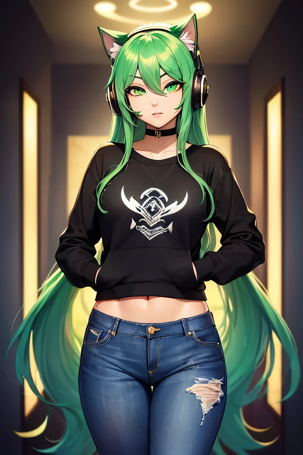 (work of art, Maximum quality, best qualityer, offcial art, beautiful and aesthetic:1.2) Uma Furry Dragão Gamer, Using a Black and Gold Headset, Long Light Green Hair, Caucasian skin, gold eyes, Wearing a Black Sweatshirt and Dark Blue Jeans.