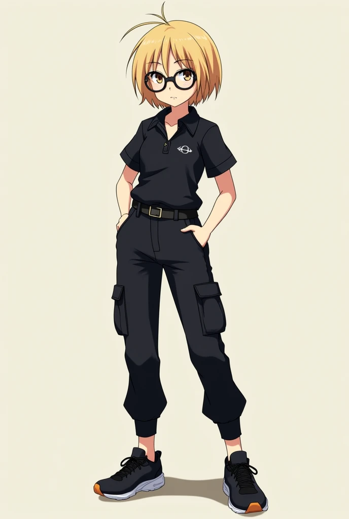 Sailor Uranus wearing glasses, black shirt with collar, black cargo pants & black sports shoes . Anime version