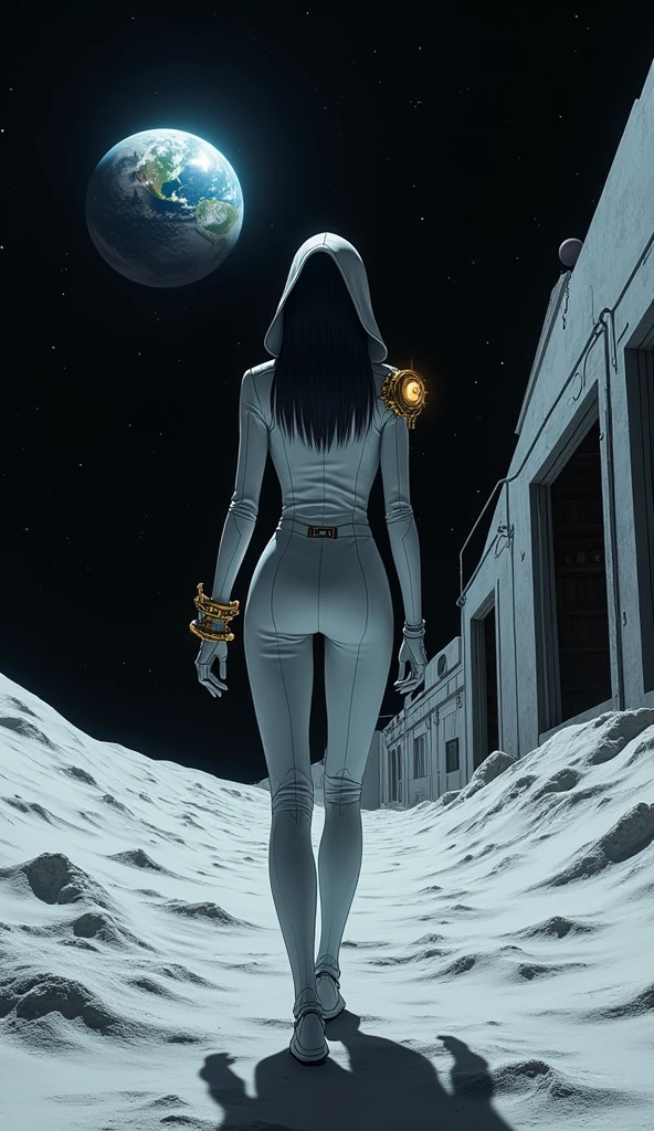 "A photo-realistic depiction of Eclipse standing on the surface of the moon, near an abandoned lunar base. The base is a stark, metallic structure, partially buried in lunar dust, with dark, empty windows. The Earth hangs in the black sky above, casting a pale light on the scene. Eclipse, with her shoulder-length jet-black hair partially hidden under a hood, stands resolutely in her light gray, form-fitting leather suit, her footsteps leaving prints in the lunar dust. Her golden mechanical key glows faintly, its light reflecting off the metallic surfaces of the base. The time-traveling device on her arm pulses softly, synchronized with the subtle vibrations of the lunar environment. The background is a silent, desolate lunar landscape, with the distant stars twinkling in the void. Her deep blue eyes, filled with determination and a sense of loss, gaze at the abandoned base, where the secrets of time and space may be uncovered."











