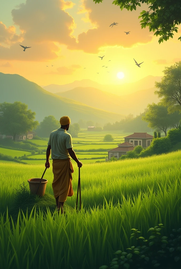 A peaceful, picturesque village at sunrise, surrounded by lush green fields. A diligent farmer named Kishan, dressed in traditional Indian attire, works in the fields with simple farming tools. The scene is serene and bathed in the golden morning light, with birds flying in the sky."
