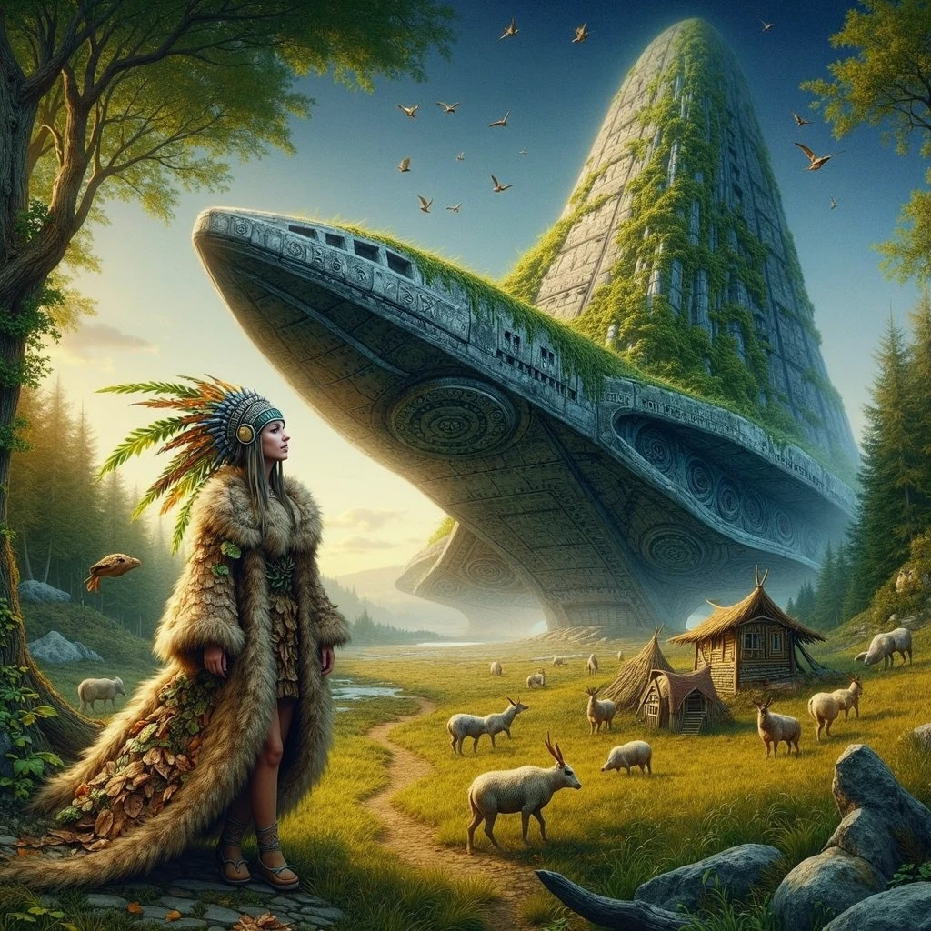 beautiful Neolithic female nature wanderer wearing clothing made from natural materials like leaves and bark, found an enigmatic towering, humongous ornated Shuttle spaceship like Stone Structure with ancient symbols that mysteriously appears overnight near her village stone circle, detailed beautiful face, insanely detailed and intricate otherworldly Neolithic nature scene background with animals or mythical creatures, ultra photo realistic oil on canvas painting