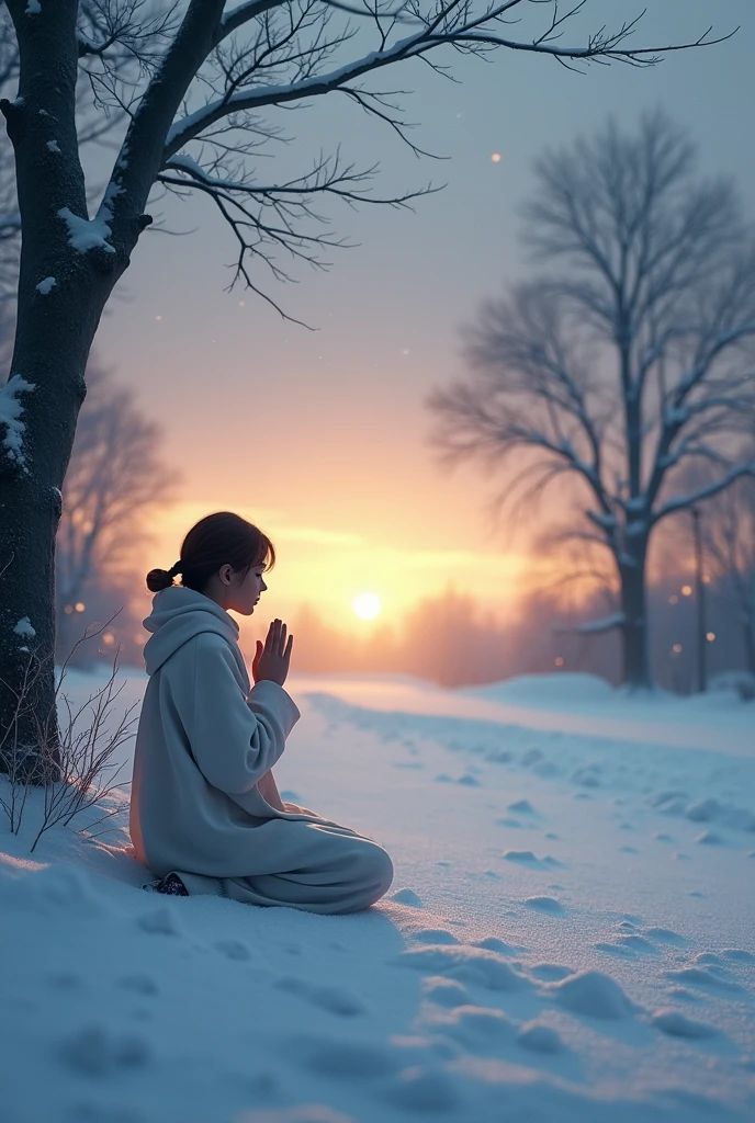 Praying at sunrise on an early winter morning, Snow Scenery, quietness,