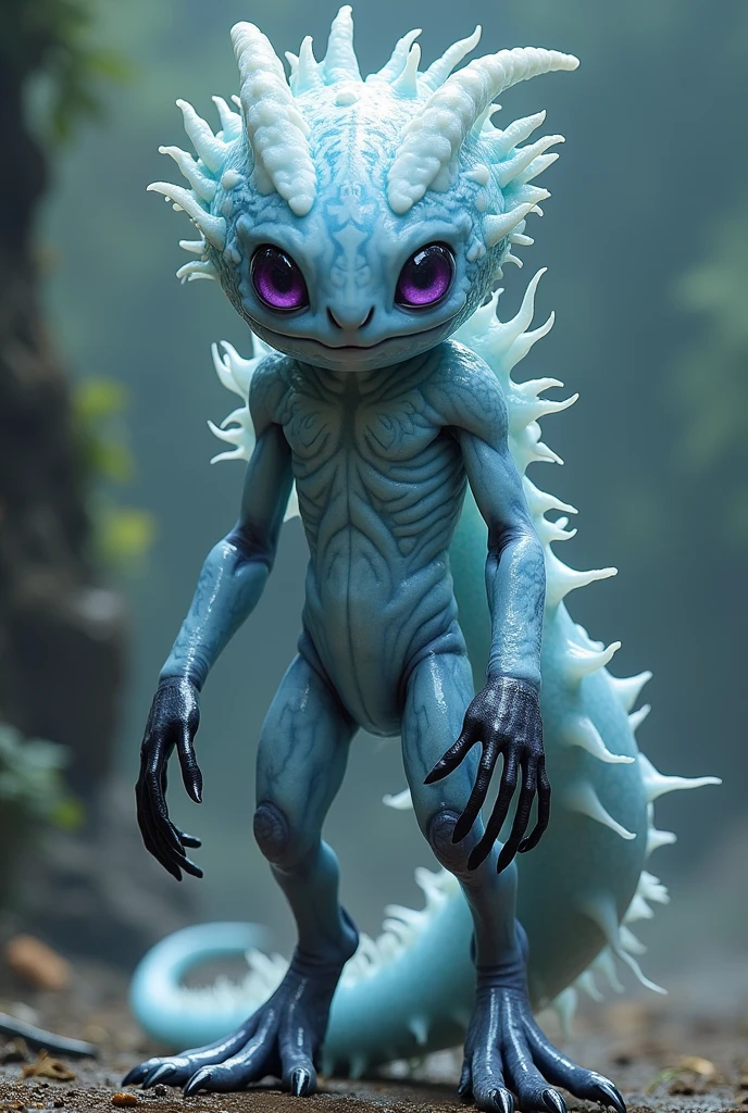 Character inspired by an Atlantic glaucus with a pale blue head decorated with white and black purple eyes black and white arms pale blue decorated with white and black a pale blue body tincture of white mixed with grayish a pale blue tail decorated with grayish mixed with white legs and a dangerous fighter side is ik is 2m24 in size