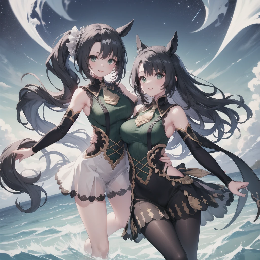 Highest quality、Highest quality、Highest Resolution、masterpiece、Anime Drawing、独奏。green shoulderless long knit。pantyhose。lipstick、smile。Glamorous Body、Beautiful breasts、Touch your head with your hand、Active Posing。Black Hair、Long Hair、ponytail。Lots of hair ornaments。Beautiful child with horse ears。Night Sky、Strong winds、Chest centered。