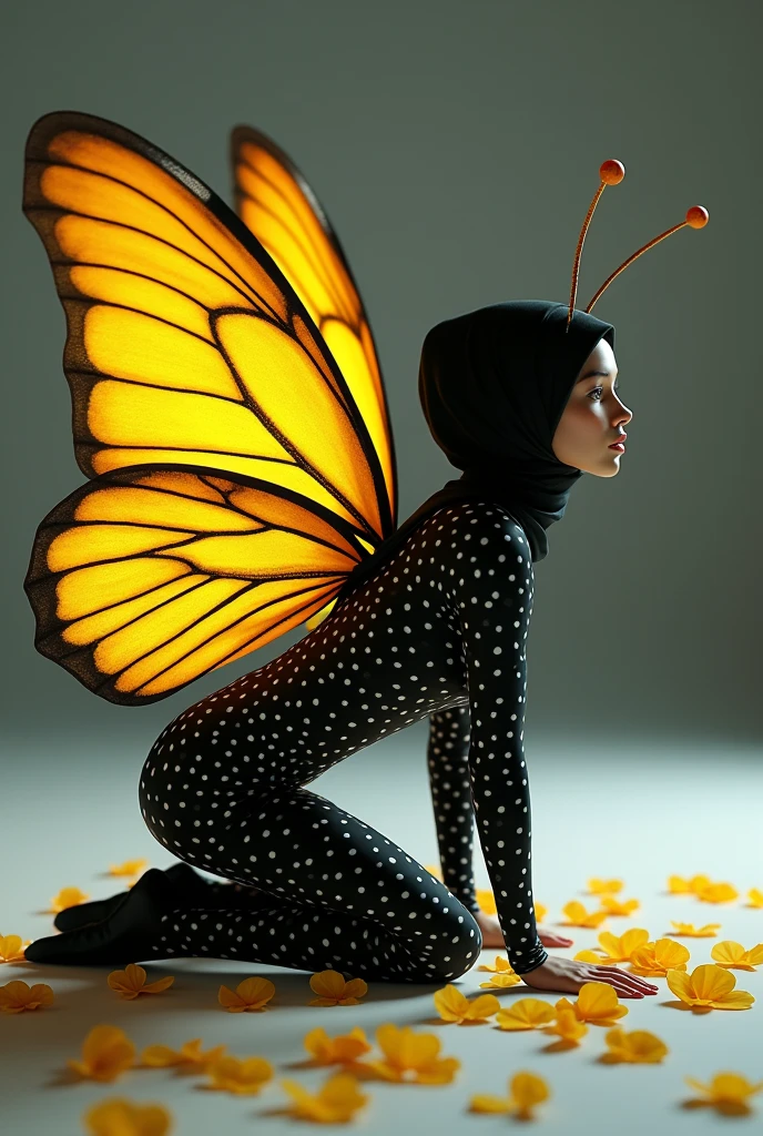 The most beautiful,thin,most pretty and clever malaysian muslimah adult girl wears black butterfly lycra turtleneck unitard catsuit covered with white seamless polkadots.She always wear black butterfly lycra dancewear stretchy square hijab covered with white seamless polkadots.She has a pair of yellow large beautiful butterfly wings.She has a long insect antennae.She is crawling.