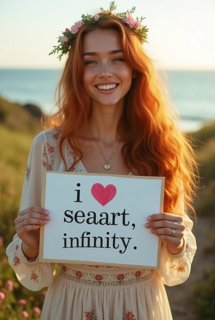 Beautiful girl with wavy long hair, bohemian dress, holding a white board with text "I Love Seaart Infinity" and showing it to the viewer. More options please