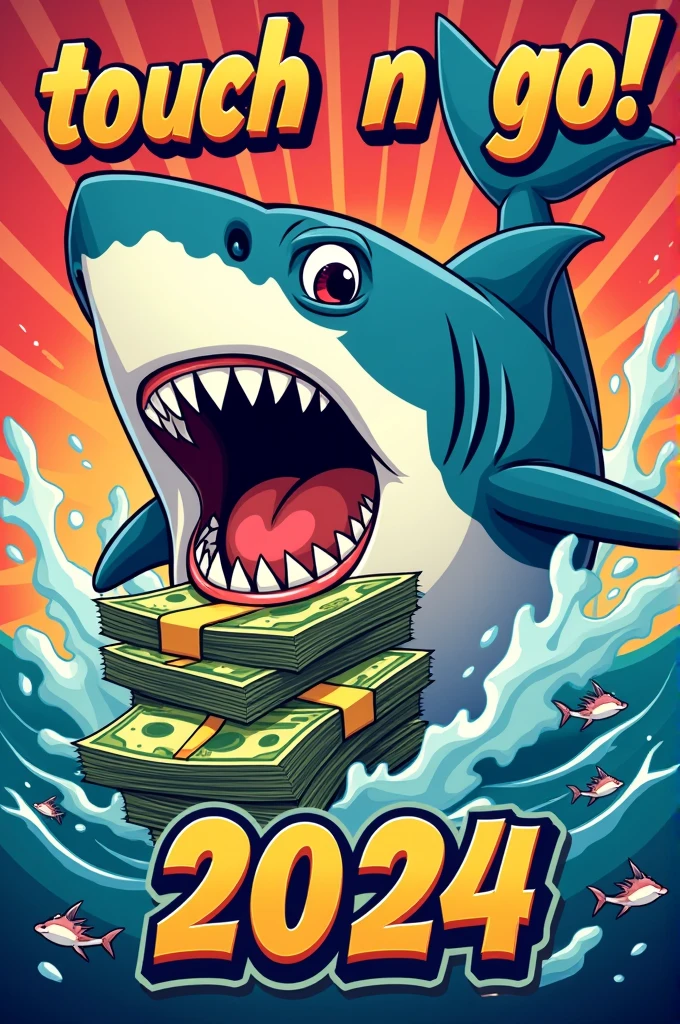 "Design an energetic and bold illustration featuring a cartoon-style shark biting into a stack of money. The shark is surrounded by smaller fish, symbolizing wealth and opportunities. The main text at the top should read 'Touch n Go!' in a retro, dynamic font. Below the shark and money, add the phrase 'Money Packet U Padu' and the year '2024' in matching vibrant colors and style. The overall design should feel lively, with a sense of movement and excitement, using bright and contrasting colors."