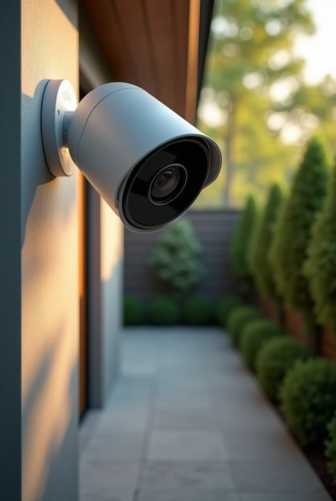 Creates a highly realistic and detailed scene by focusing on a modern security camera mounted on a stylish home exterior.. The camera is positioned prominently on the front porch wall., featuring intricate details such as a circular infrared LED array that surrounds the lens. The background features a softly lit path leading to the entrance of a contemporary home., with lush green plants framing the view. The depth of field effect slightly blurs the background., draws attention to the presence of a vigilant camera while capturing the calm and safe atmosphere of the property. The lighting is warm, casts soft shadows that enhance the realism of the scene.