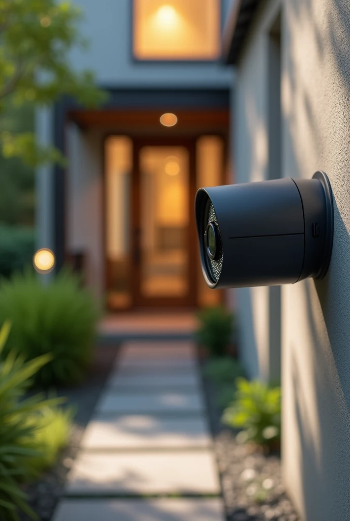 Creates a highly realistic and detailed scene by focusing on a modern security camera mounted on a stylish home exterior.. The camera is positioned prominently on the front porch wall., featuring intricate details such as a circular infrared LED array that surrounds the lens. The background features a softly lit path leading to the entrance of a contemporary home., with lush green plants framing the view. The depth of field effect slightly blurs the background., draws attention to the presence of a vigilant camera while capturing the calm and safe atmosphere of the property. The lighting is warm, casts soft shadows that enhance the realism of the scene.