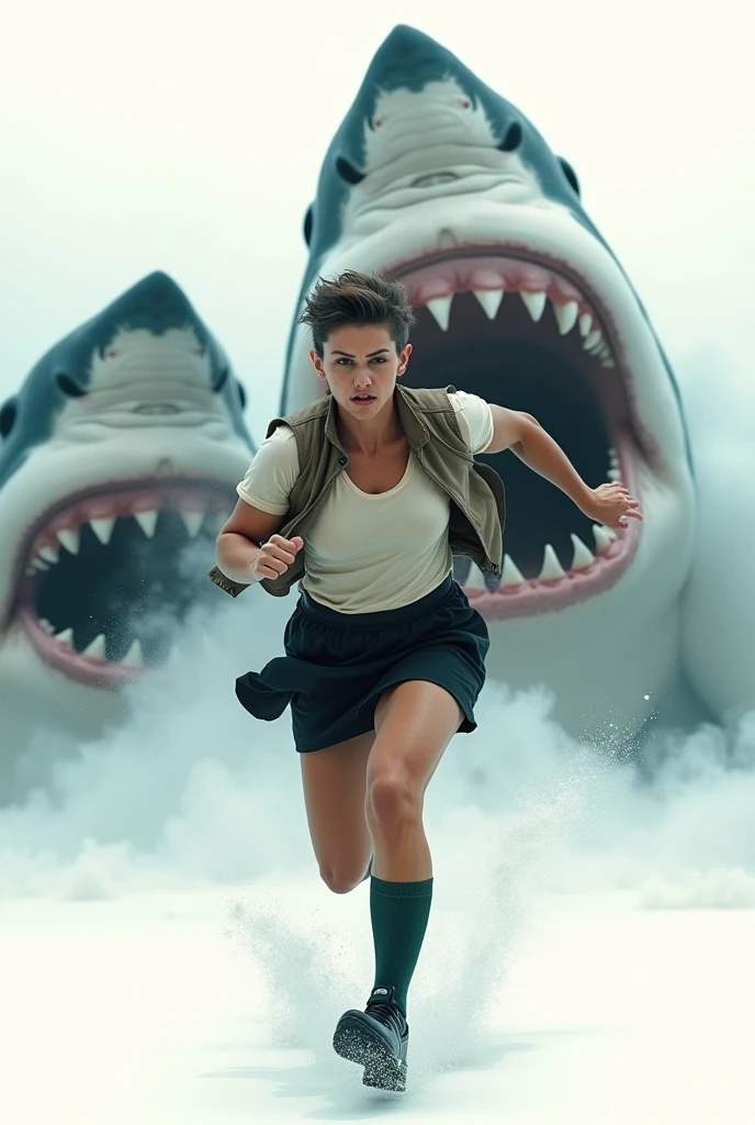 ((Highest quality)), ((photograph)), ((Run and escape)), (One person),  (Face of fear), (Women like bodybuilders), (Giant Jaws Storm), Off-white short-sleeved shirt with light brown vest、A muscular man with a bodybuilder-like build wearing a knee-length black skirt, dark green socks and black shoes.々Short-haired woman、A video of a man desperately swimming away from a large number of giant great white sharks.、Background is white、
