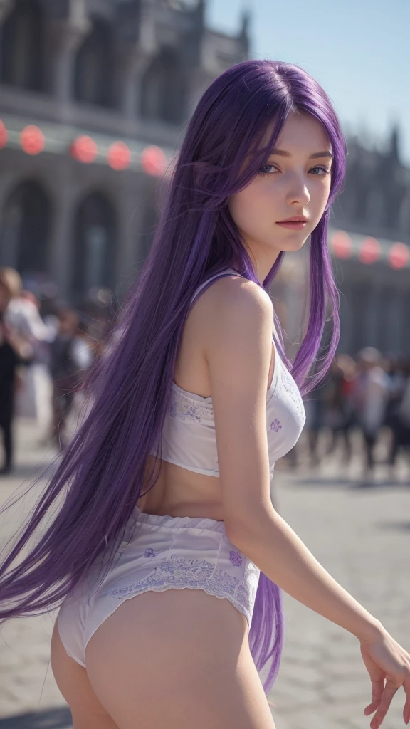 European girl.  Facial details.  Delicate facial features.  Half-closed eyes.  blue eyes.  Long Straight Hairstyle. Purple Hair.  A calm face. ((Dynamic pose)). Beautiful thighs. Beautiful bust. Beautiful background. (Festivals)