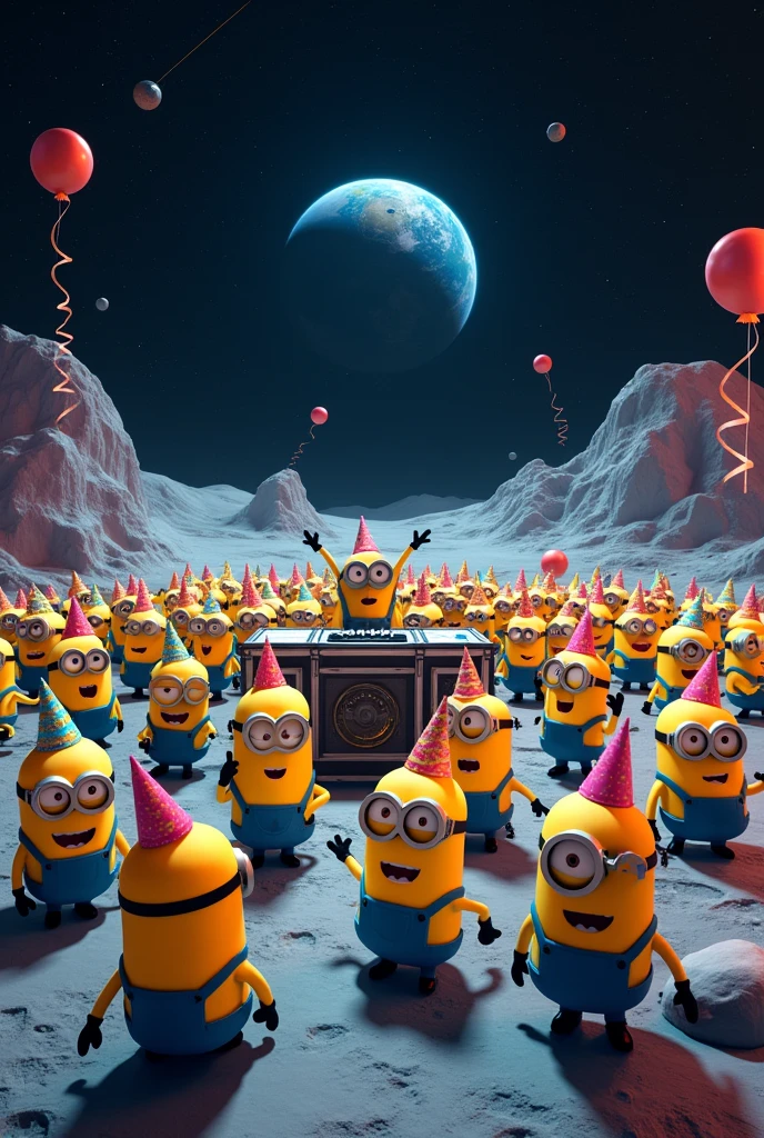 Minions having a huge party with party hats on the moon with DJ In format 9:16