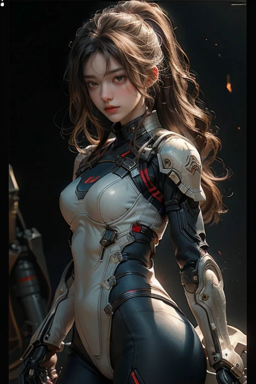 Front_view, masterpiece, best quality, lifelike, raw photo, (1 girl, looking at view), long hair, mechanical white armor, complex armor, delicate blue lined patterns, patterns that Intricate, red metal parts, detailed parts, dynamic gestures, detailed backgrounds, dynamic lighting,