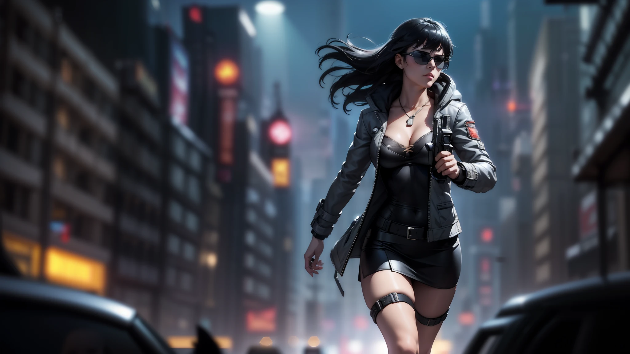 cyberpunk-style city with a nocturnal vibe with Blade Runner-like aesthetic references, glowing huge clock tower as time machine. At night, (1girl, solo, alone), photorealistic, medium-breast slim:0.6 body, oval:0.5 face, cleavage:1.1, sexy black laced bra, miniskirt, white laced panty, coat, (black micro sunglasses), (holding a short gun), (slightly leaning forward running pose), ((half-body thigh level medium shot)), cinematic lighting, ray tracing, motion blurred background.