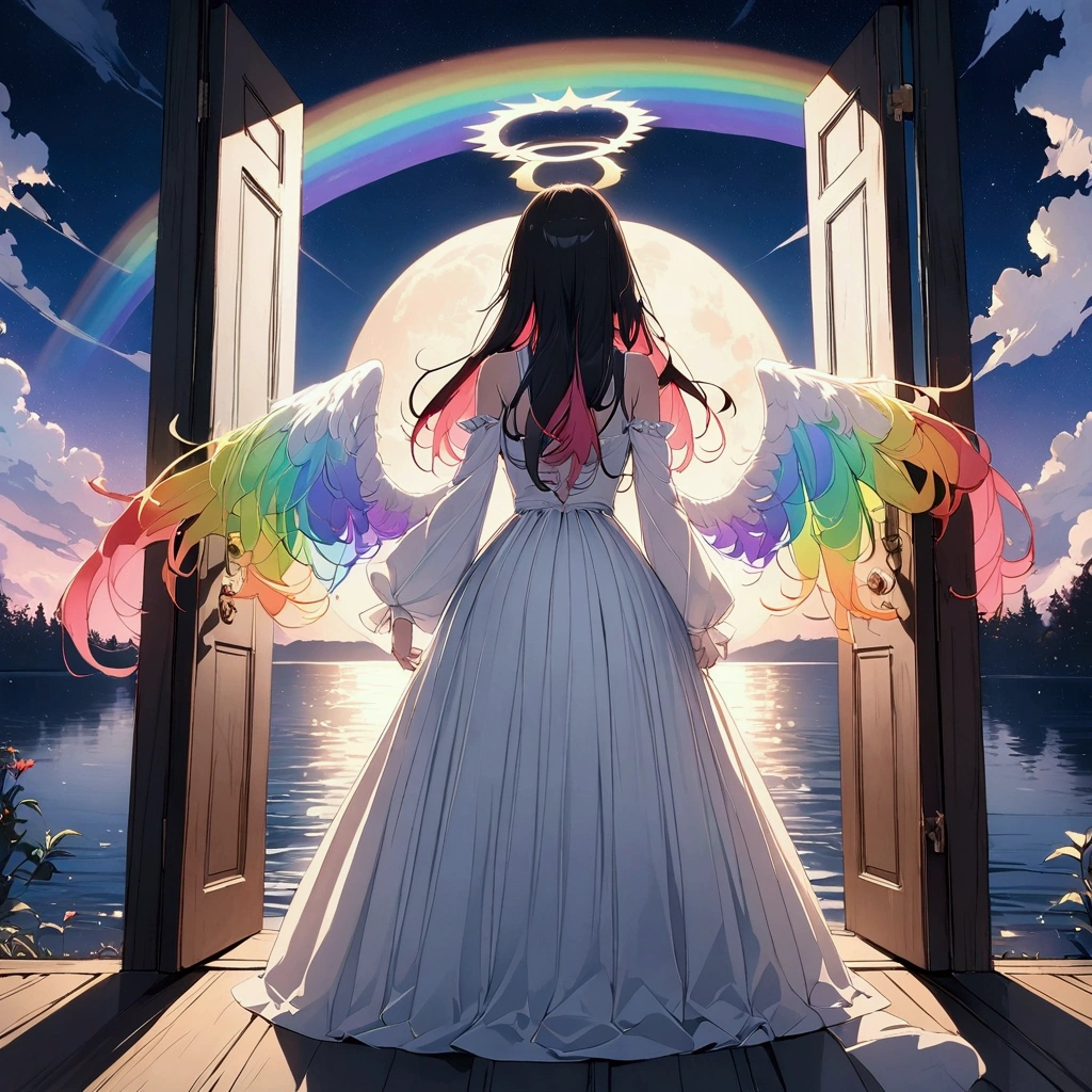 (((anime))) One Woman,Behind the door,Door on the lake,Heaven is at the door,Angel turning his back,Large iridescent feathers,Long Hair,(Rainbow Hair),Angel halo white camisole,Volume sleeve,Long skirt,Black boots,night,full moon,star,Backlight,masterpiece,Highest quality,Exquisite,8k,Absurd,Ultra-fine illustrations,