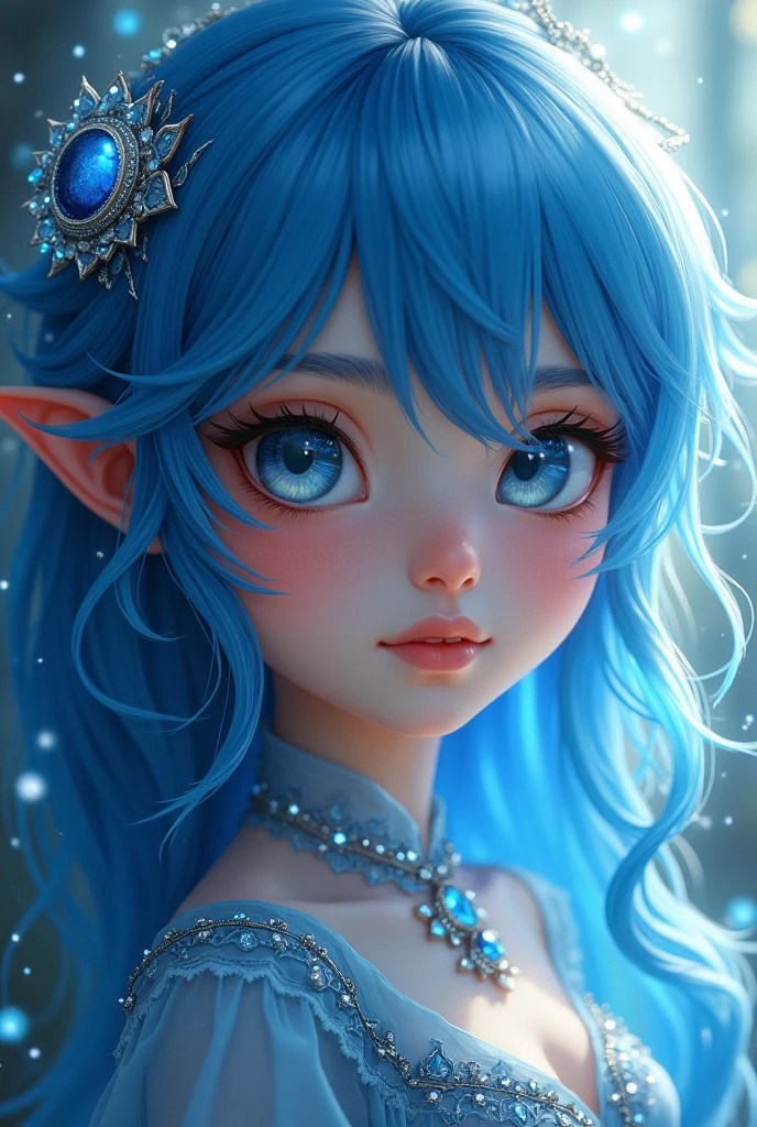 Girl blue hair blue clothes sparkling eyes
