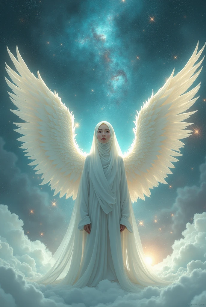 Girl in white hijab big wings standing on back and in space