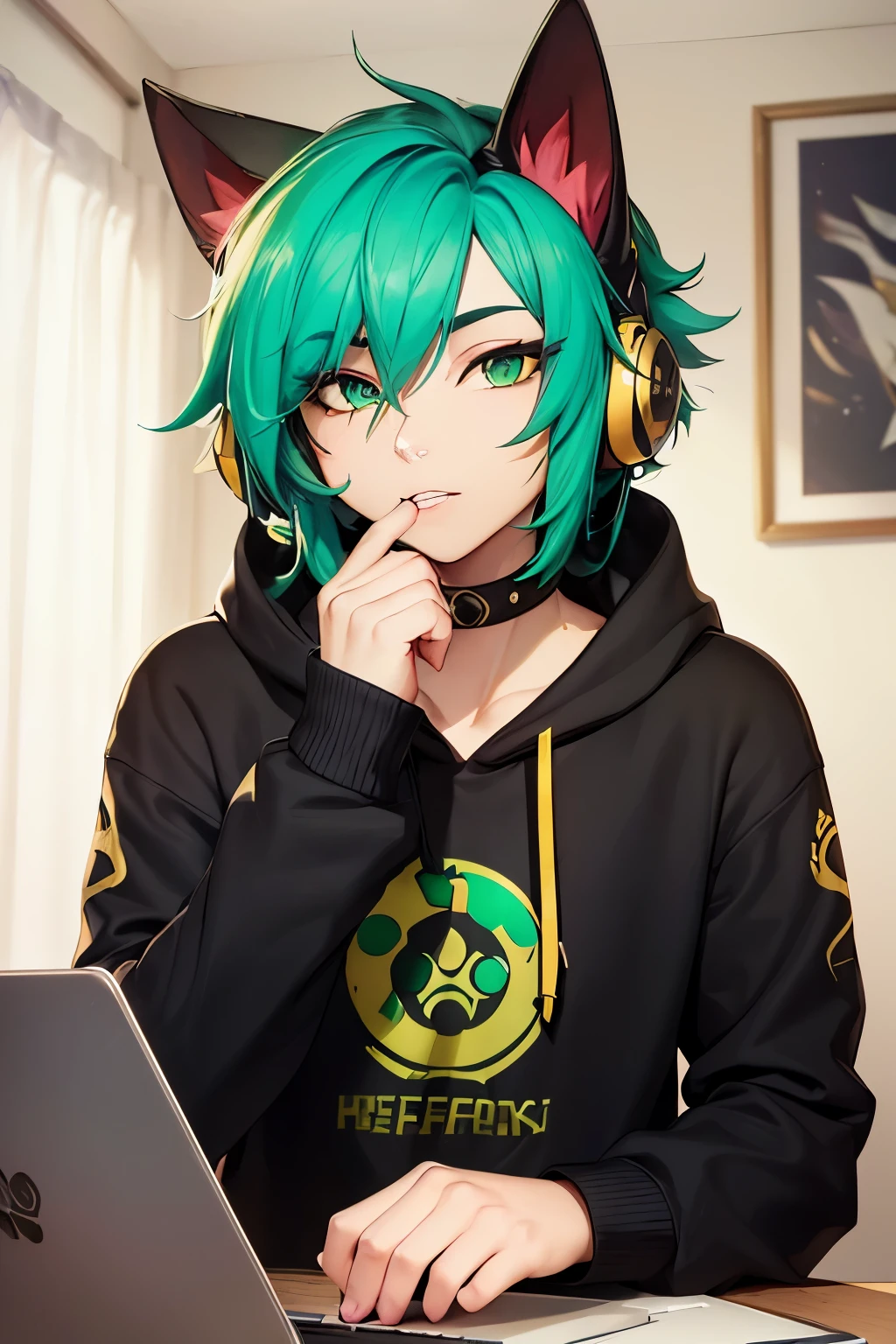 (work of art, Maximum quality, best qualityer, offcial art, beautiful and aesthetic:1.2) Uma Furry Dragão Gamer, Using a Black and Gold Headset, Long Light Green Hair, Caucasian skin, gold eyes, Wearing a Black Sweatshirt and Dark Blue Jeans.