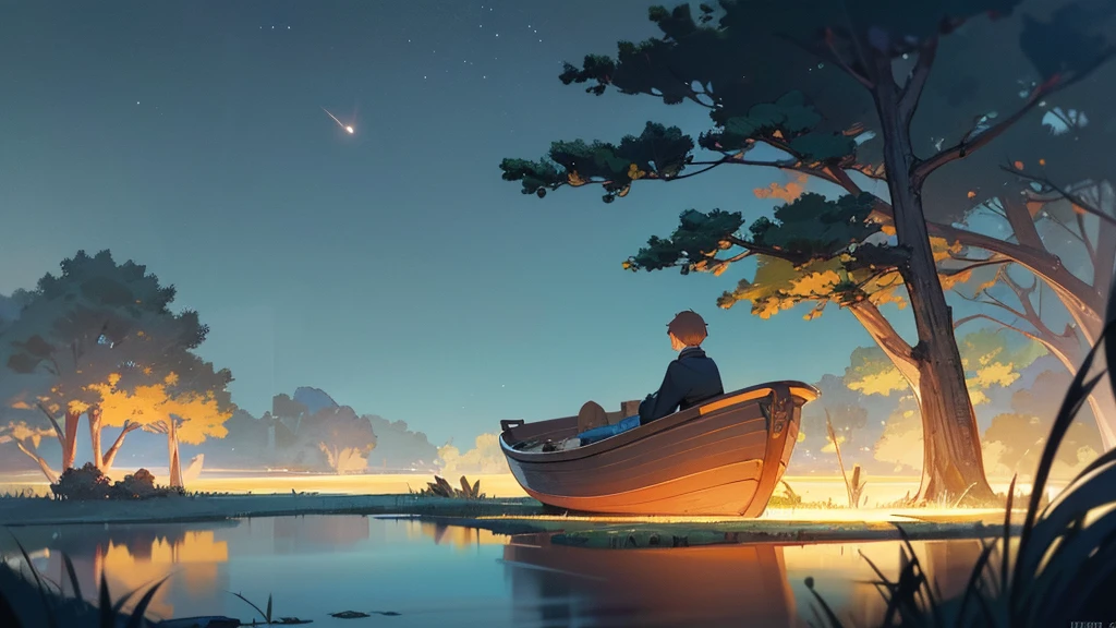 a young boy lying and looking up at the night sky, a cat sleeping on a small raft in a calm very small lake, fireflies illuminating the surroundings, glowing patterns on the grass, leaves, trees, and mushrooms around, atmospheric, serene, detailed, (best quality,8k,highres,masterpiece:1.2),ultra-detailed,(realistic,photorealistic,photo-realistic:1.37),digital painting,cinematic lighting,vibrant colors,beautiful landscape,tranquil scene,fantasy