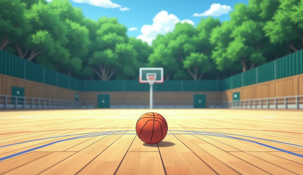 a Japanese outdoor school basketball court. the floor is wooden, the court is empty without any people; there is  one basketball ball and a laptop on the floor, basketball ball correct size, masterpiece, super detailed. image taken from afar and from the side of the court, anime art