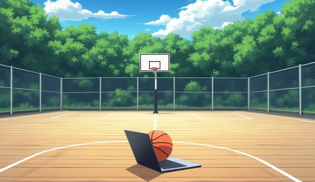 a Japanese outdoor school basketball court. the floor is wooden, the court is empty without any people; there is  one basketball ball and a laptop on the floor, basketball ball correct size, masterpiece, super detailed. image taken from afar and from the side of the court, anime art