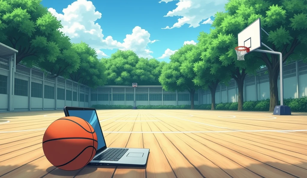 a Japanese outdoor school basketball court. the floor is wooden, the court is empty without any people; there is  one basketball ball and a laptop on the floor, basketball ball correct size, masterpiece, super detailed. image taken from afar and from the side of the court, anime art