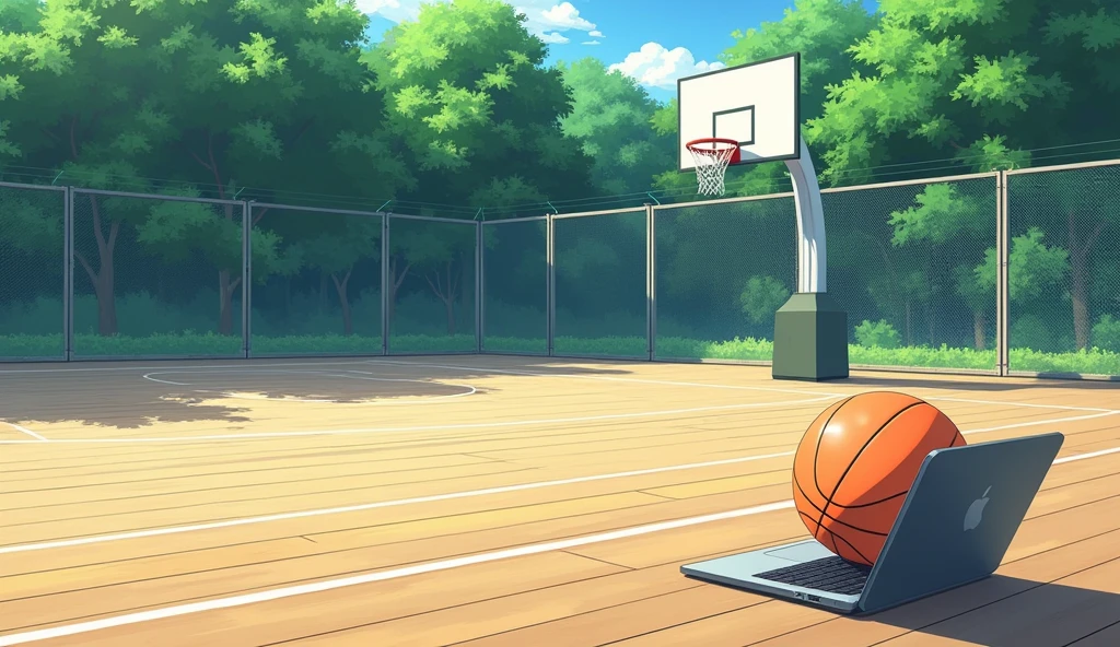 a Japanese outdoor school basketball court. the floor is wooden, the court is empty without any people; there is  one basketball ball and a laptop on the floor, basketball ball correct size, masterpiece, super detailed. image taken from afar and from the side of the court, anime art