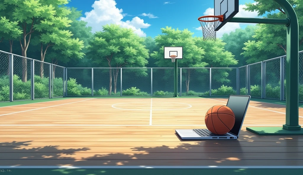 a Japanese outdoor school basketball court. the floor is wooden, the court is empty without any people; there is  one basketball ball and a laptop on the floor, basketball ball correct size, masterpiece, super detailed. image taken from afar and from the side of the court, anime art