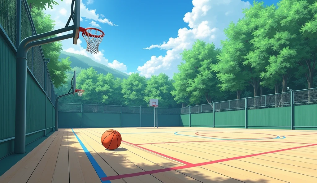 a Japanese outdoor school basketball court. the floor is wooden, the court is empty without any people; there is one basketball ball and a laptop on the floor, basketball ball correct size, masterpiece, super detailed. image taken from afar and from the side of the court, anime art