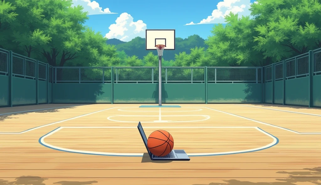 a Japanese outdoor school basketball court. the floor is wooden, the court is empty without any people; there is one basketball ball and a laptop on the floor, basketball ball correct size, masterpiece, super detailed. image taken from afar and from the side of the court, anime art