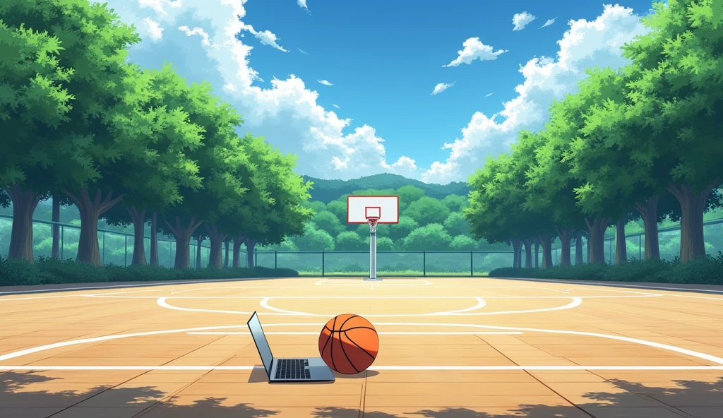 a Japanese outdoor school basketball court. the floor is wooden, the court is empty without any people; there is one basketball ball and a laptop on the floor, basketball ball correct size, masterpiece, super detailed. image taken from afar and from the side of the court, anime art