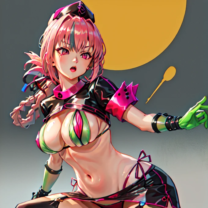 best quality, masterpiece, highres, solo, {bremerton_azurlane:0.90}, {ccfng, braid, large breasts, nurse cap, revealing clothes, shrug (clothing), short sleeves, layered bikini, purple bikini, green bikini, green gloves, elbow gloves, pink belt, black skirt, microskirt, green thighhighs, garter straps:0.85}, squat pose, dildo in ass/large dildo, stomach deformation, stomach punching, noise removal, Very detailed face, emphasis on crotch,