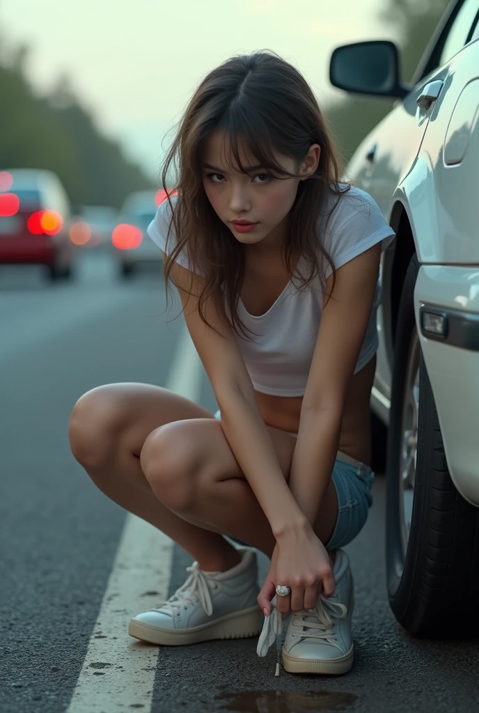 a teen girl squatting next to a car, peeing on the side of a busy freeway, pants and underwear pulled down, pee stain, realistic, high quality, detailed, photorealistic, depth of field, cinematic lighting, dynamic pose, perfect anatomy, flawless skin, beautiful detailed eyes, beautiful detailed lips, extremely detailed face, long eyelashes, masterpiece, 8k, best quality
