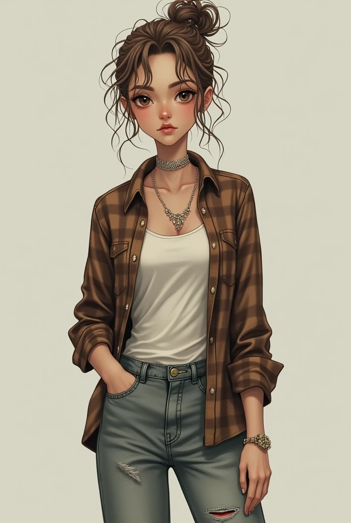 •	20yo
•	 Female 
•	5,8 with skinny build and wavy light brown long hair(mostly put up in a messy bun, soft features with a tiny squint in one eye
•	Clothing style comprises a tank top under an open flannel shirt (white & brown respectively) and a ashy baggy jeans with white hight heels and a lot of jewellery
•	Overthinking and sassy 
•	Innocent polite and fake
•	Brown eyes
•	Light skin
•	Either extremely emotional or extremely emotion less
•	Possessed 
•	Interested in having a relationship, sports and eating 
•	Side kick behavior 
 