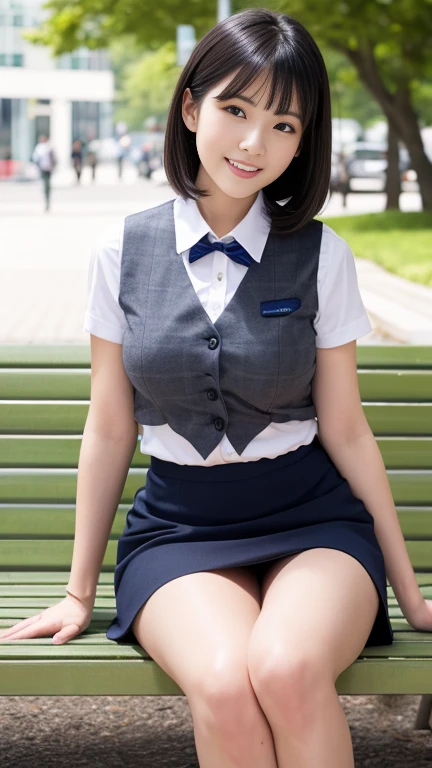 Very realistic and clear photos,Anatomically accurate body,The correct five fingers,Wearing a ring on the left ring finger,Japanese,1 mature woman, Age 35,Large Breasts,slightly larger hips,Just a little fat,Translucent white and delicate skin,The eyes are small,Neat and clean beauty,Facial expressions that invite a man,Married and settled,Bob or short hair,office worker, receptionist, (White and grey checked vest:1.2) (Navy pencil skirt) bow tie, Wearing a name tag on the left side of his chest,High heels,sitting on a park bench,Very attractive thighs extending from the skirt,Spread your legs wide,/(Black Hair/) bangs, Smile sexily, (Masterpiece Top quality:1.2) Delicate illustrations, super detailed, Detailed Background,Full body photo from toe to head