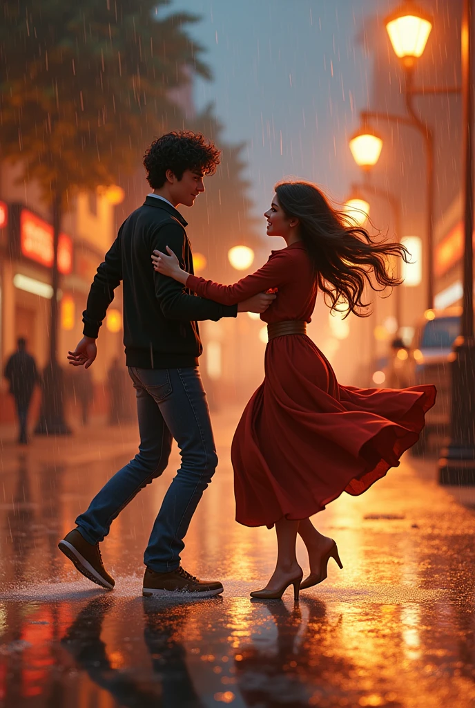 A young white guy with dark mid shirt fluffy hair dancing and spinning a woman that has long brown hair is also young in the rain in san fransico in the street that has streetlights, during autumn