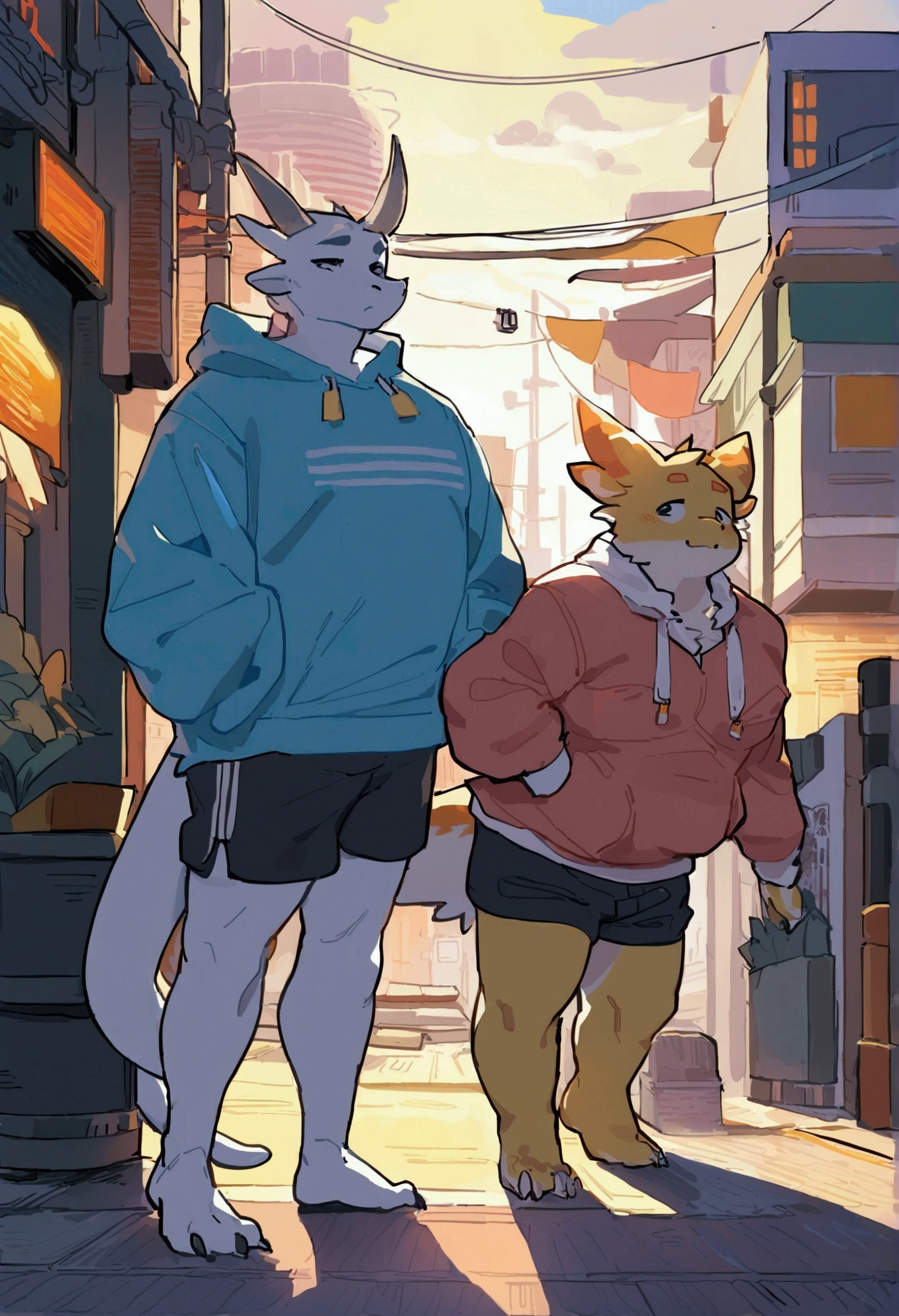 Dragon,male, Adult, Chubby,Round belly,Yaoi, Doujinshi,Wearing a stylish sweatshirt, Shorts, Cyberpunk metropolis, Summer atmosphere, Detailed Background, Out View Scale, Pixiv artwork,High resolution,4K, Colorful, Smooth lighting, Ghibli style,artwork by Quan Jiang, by Tuni, by Quan Jiang,