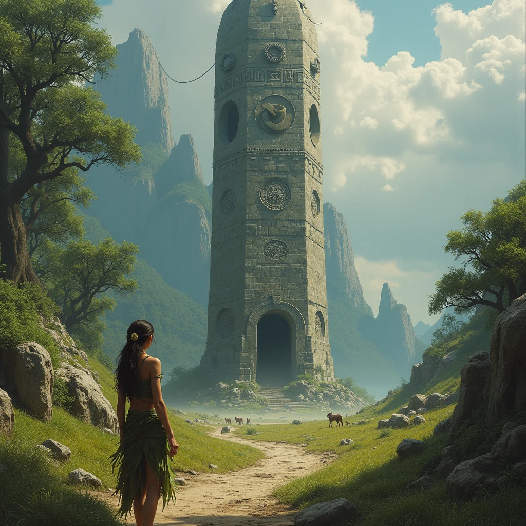 beautiful Neolithic female nature wanderer wearing clothing made from natural materials like leaves and bark, found an enigmatic towering, humongous ornated Shuttle spaceship like Stone Structure with ancient symbols that mysteriously appears overnight near her village stone circle, detailed beautiful face, insanely detailed and intricate otherworldly Neolithic nature scene background with animals or mythical creatures, ultra photo realistic oil on canvas painting