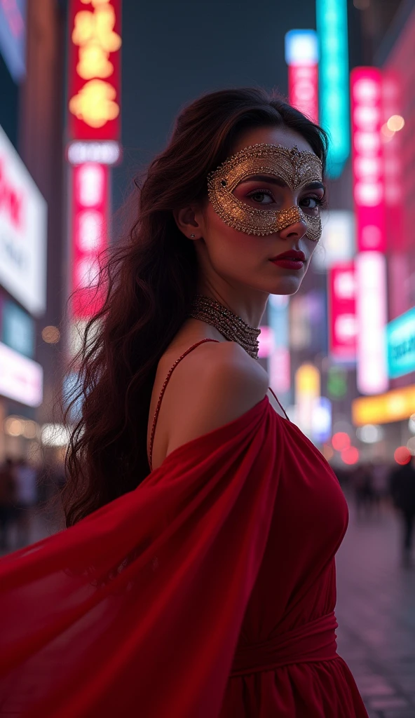 Beautiful masked woman in red clothes。City of night
