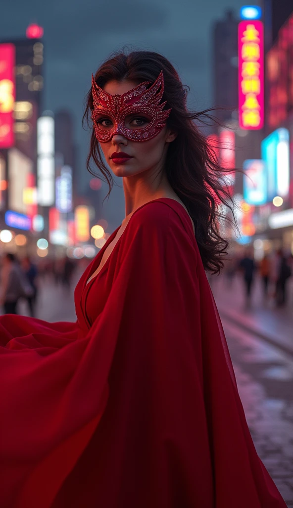 Beautiful masked woman in red clothes。City of night