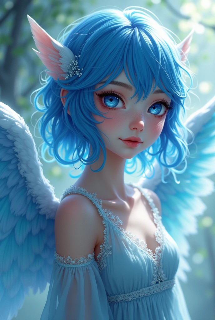 Girl blue hair blue clothes sparkling eyes With
Wings human
